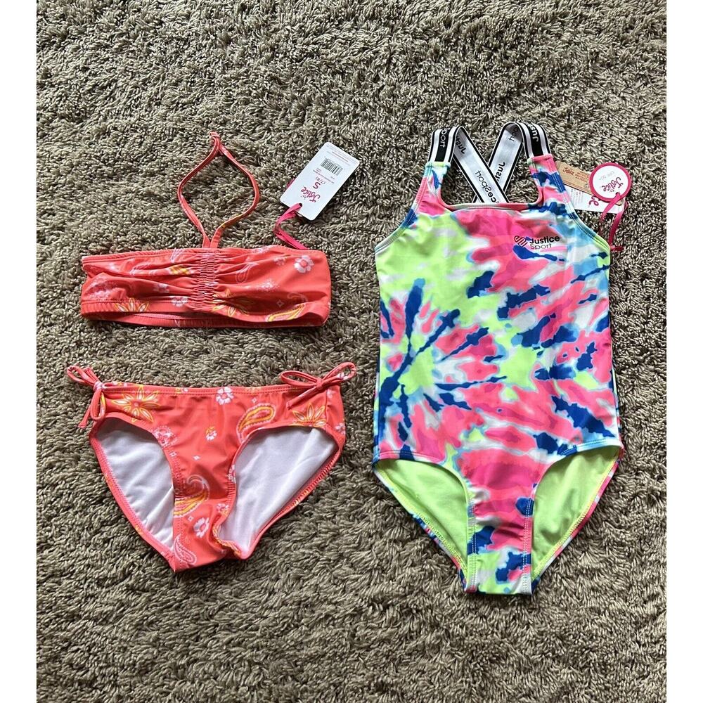 LOT of 2 JUSTICE Size 7/8 Girls SWIMSUIT Swim Suit ONE-PIECE & BIKINI Q24